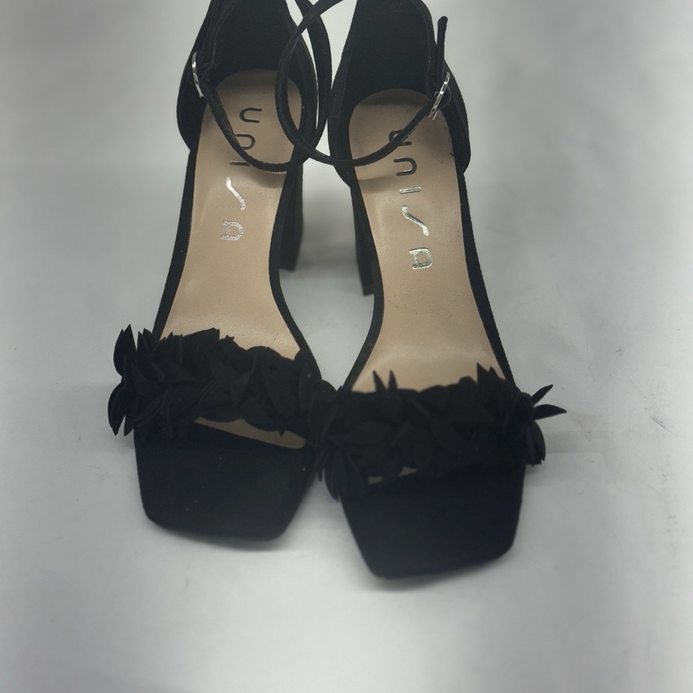 Women's Ruffle Heel Suede Sandal With Ankle Strap - Black - Size 6.5